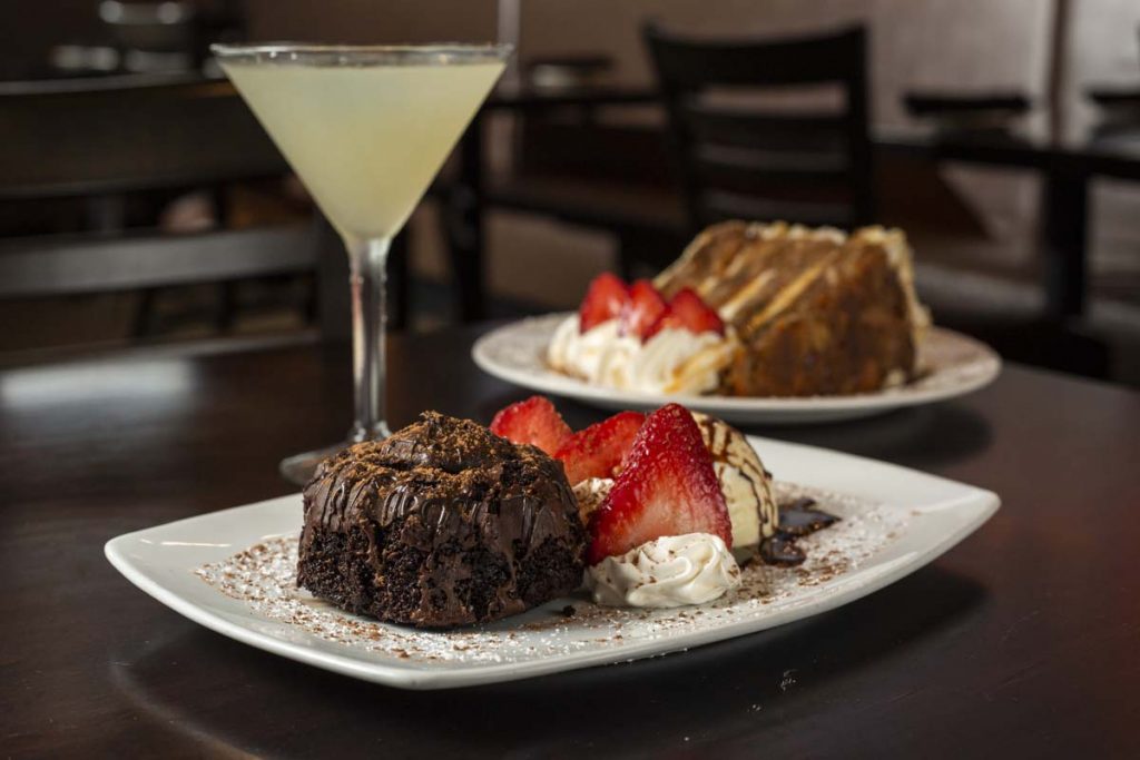 Chocolate Lava Cake and Carrot Cake desserts with lemon drop martini.